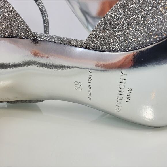 NWT$825 Givenchy Logo Ankle-Strap Silver Glitter Leather Pumps 100 Heels Sz 9 - Picture 12 of 16